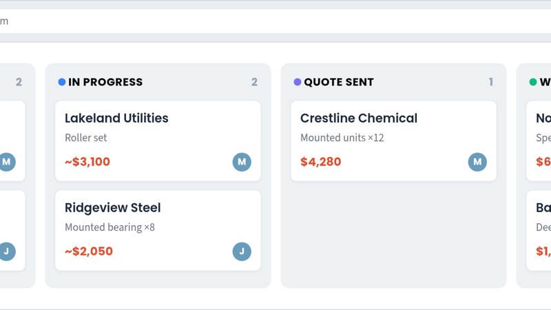 CRM pipeline board with colored lead stages