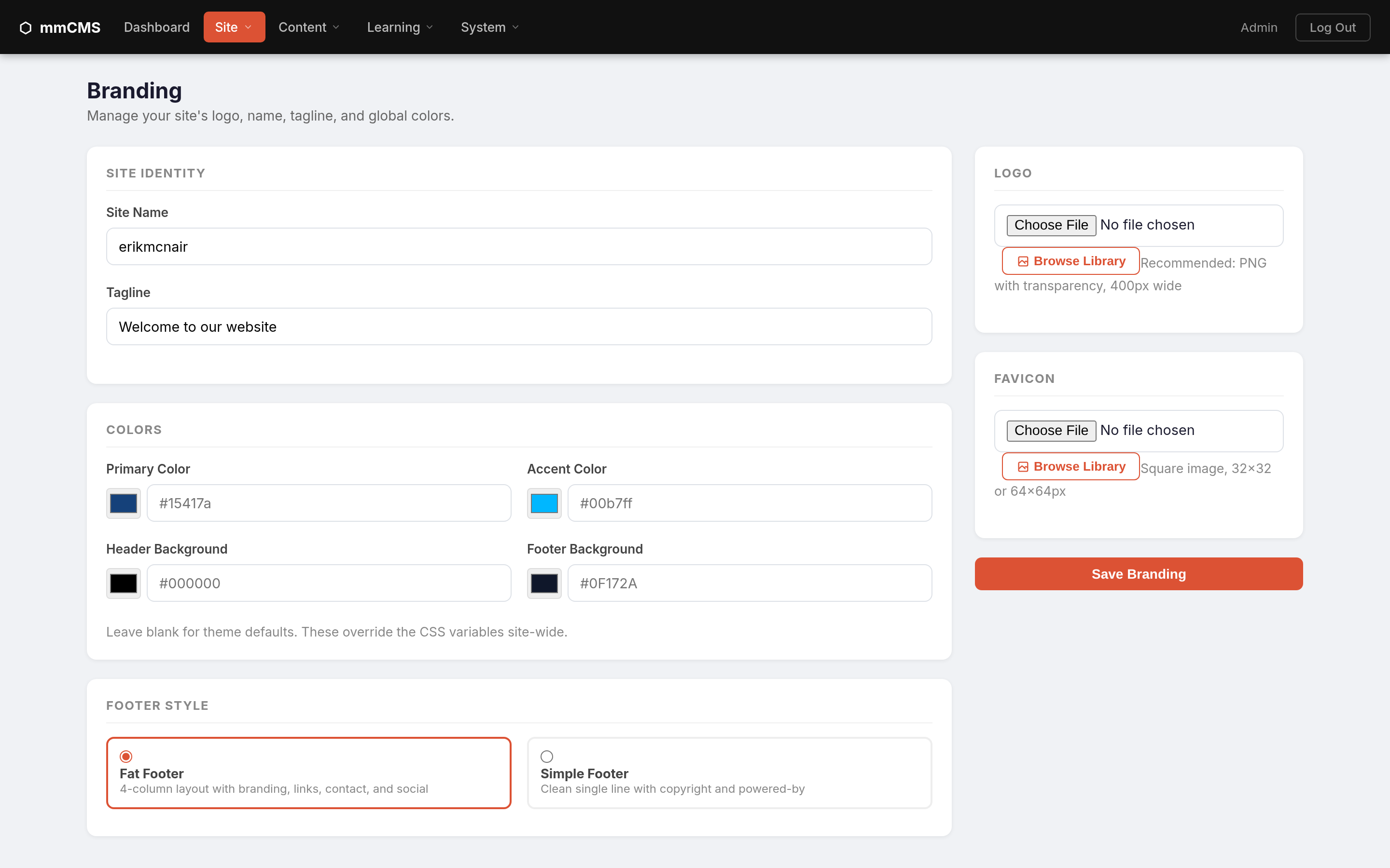 mmCMS branding studio with site identity, colors and logo controls