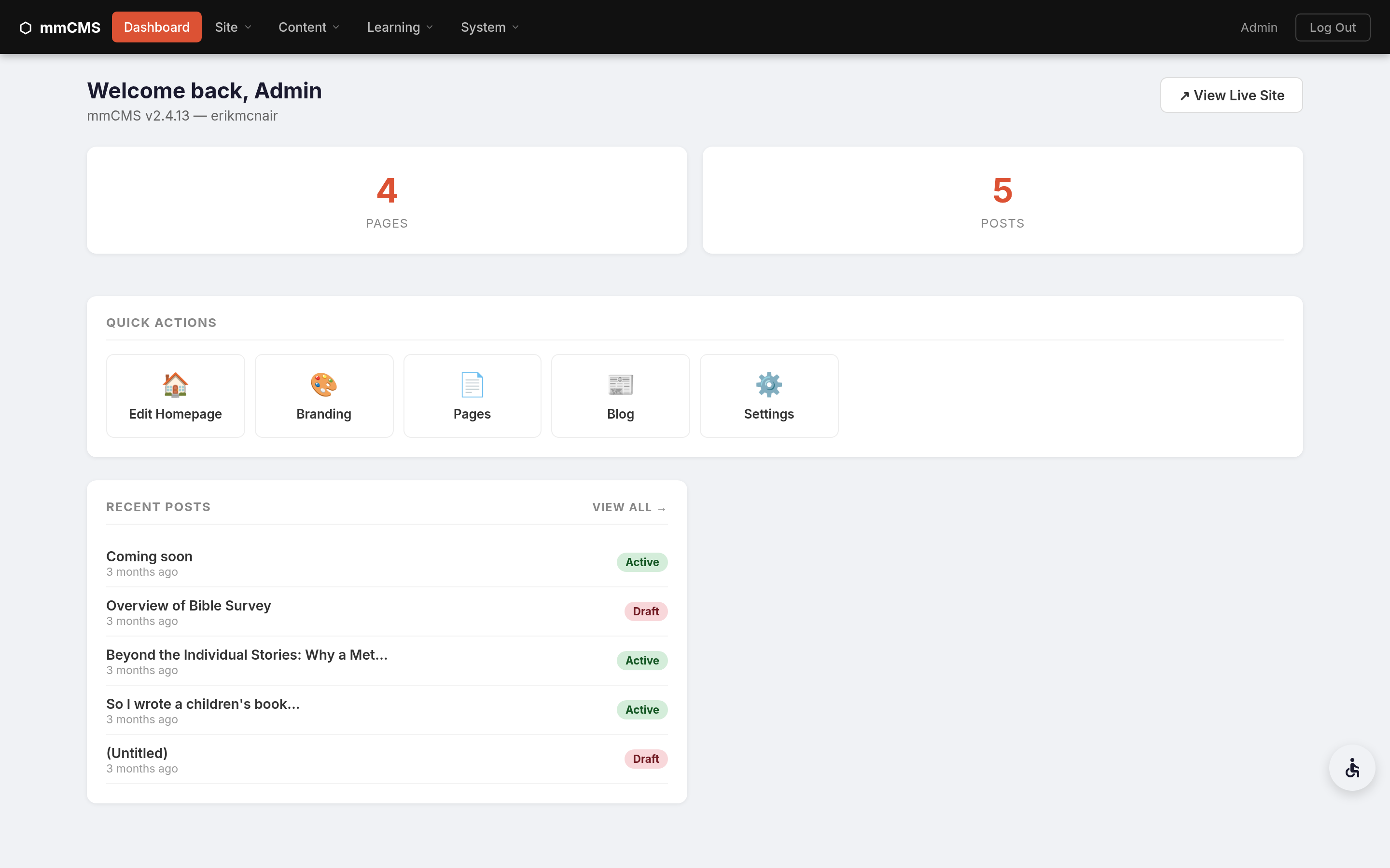 mmCMS admin dashboard with page and post counts and quick actions