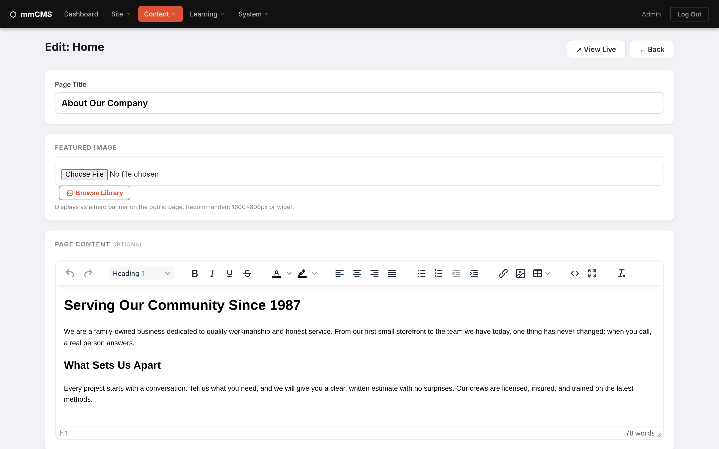 mmCMS page editor with visual formatting toolbar