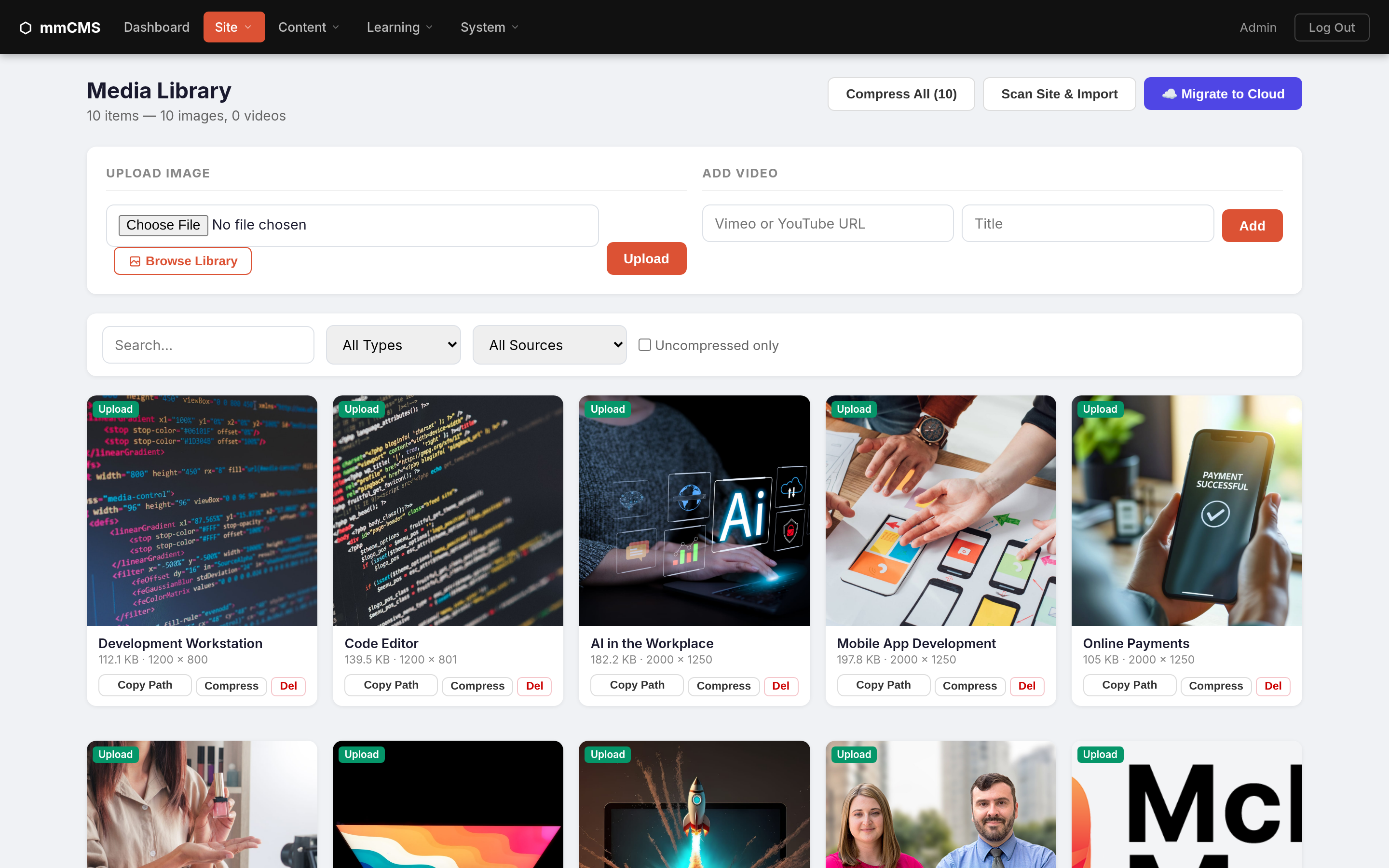 mmCMS media library with image grid, compression and cloud tools